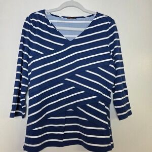 J. McLaughlin Women's XL Navy White Striped V Neck 3/4 Sleeve Criss Cross Top
